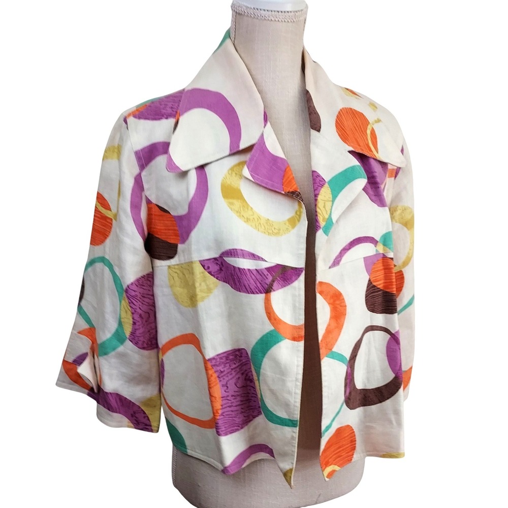 Transition Linen Blend Cropped Jacket Open Front‎ Colorful Print vintage Size M